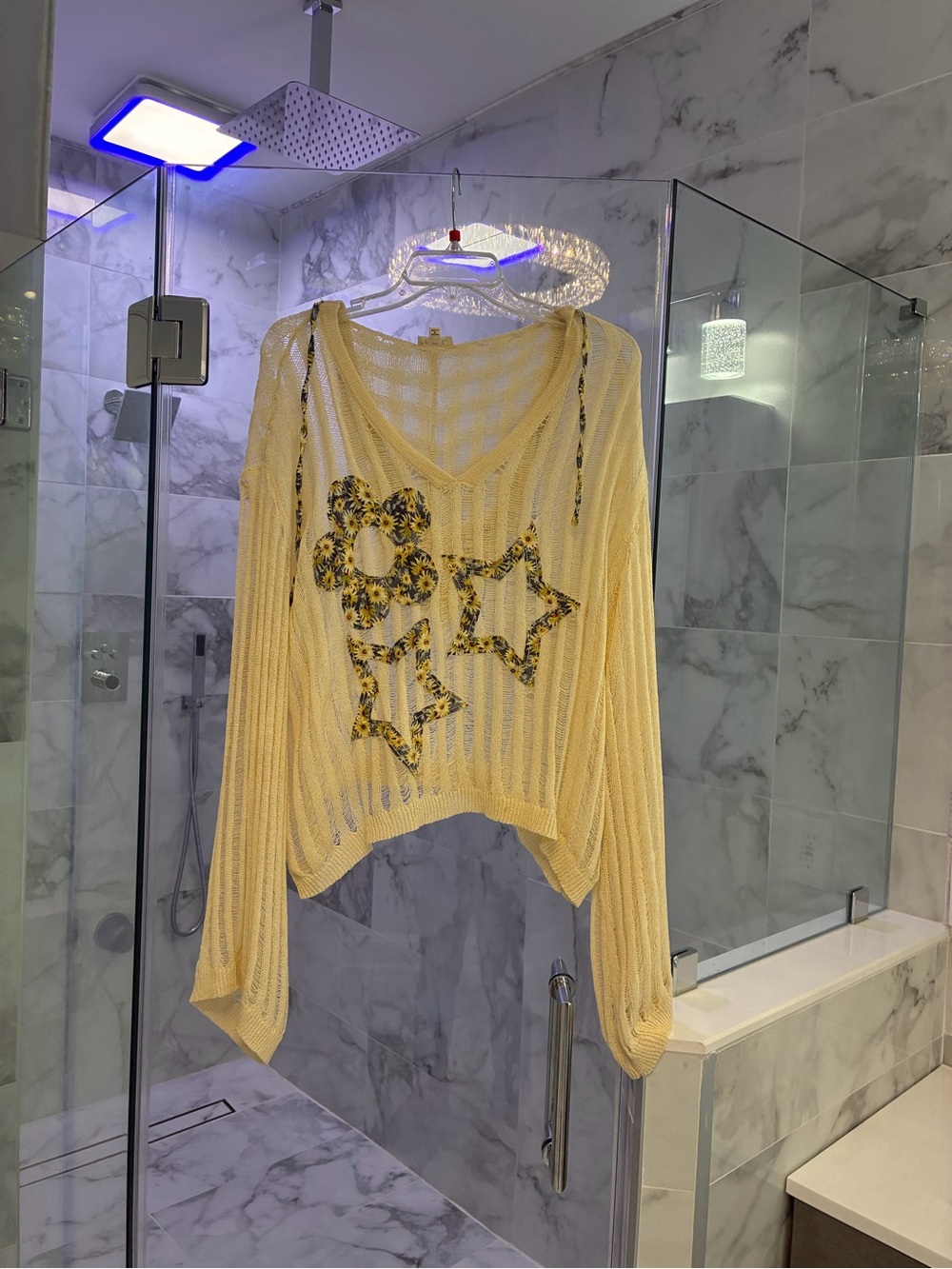 POL Cream Knit V-Neck Hoodie with Floral Star Appliqués